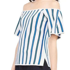 Ann Taylor Womens XL Blouse White Blue Green Stripe Off The Shoulder Boho Casual